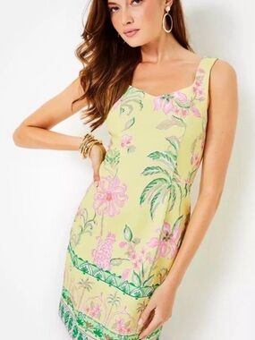 Lilly Pulitzer NWT Del Rey Stretch Shift Dress Finch Yellow Tropical Oasis LARGE